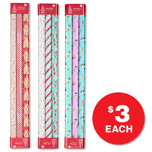 Christmas Roll Wrap 70cm x 2M 3pk $3.00