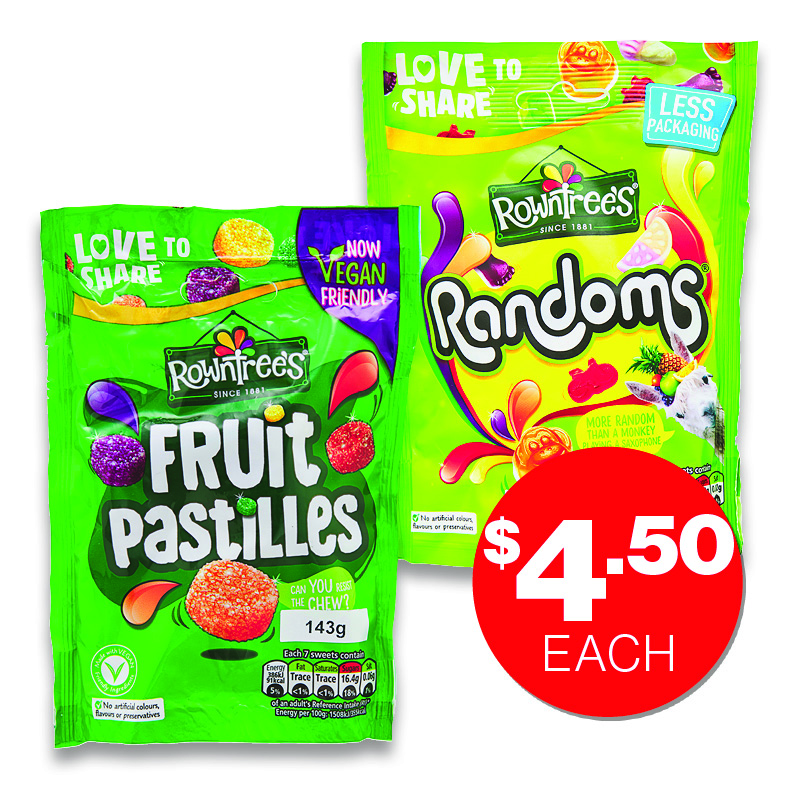 Rowntree's Fruit Pastilles Bag 143g Rowntree's Randoms Bag 150g $4.50ea