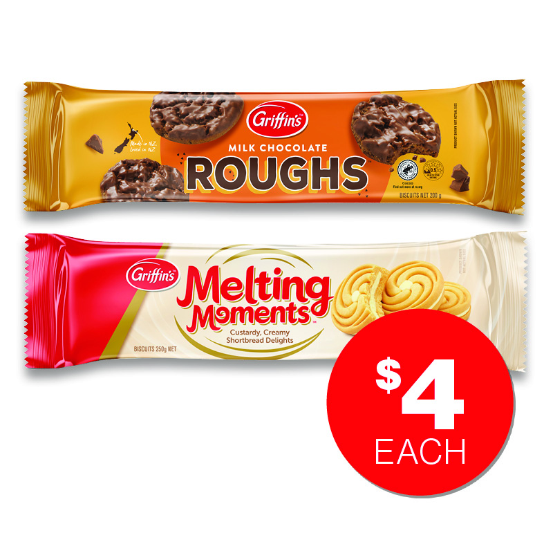 Griffins Chocolate Roughs 200g Griffins Melting Moments 250g $4ea