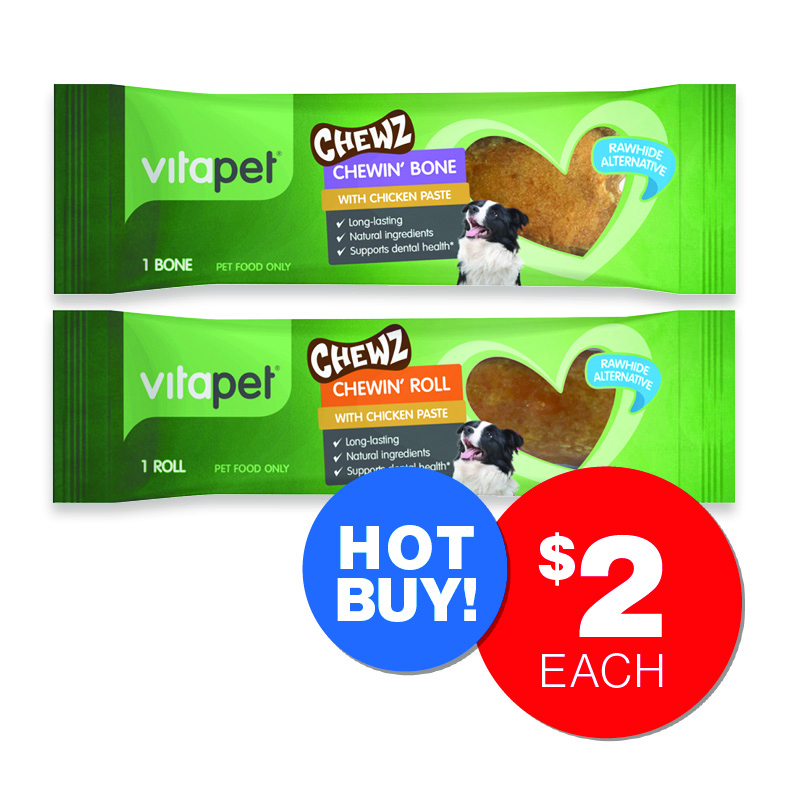 Vita Pet Chewin Bone with Chicken Paste and Vita Pet Chewin Roll with Chicken Paste  $2ea