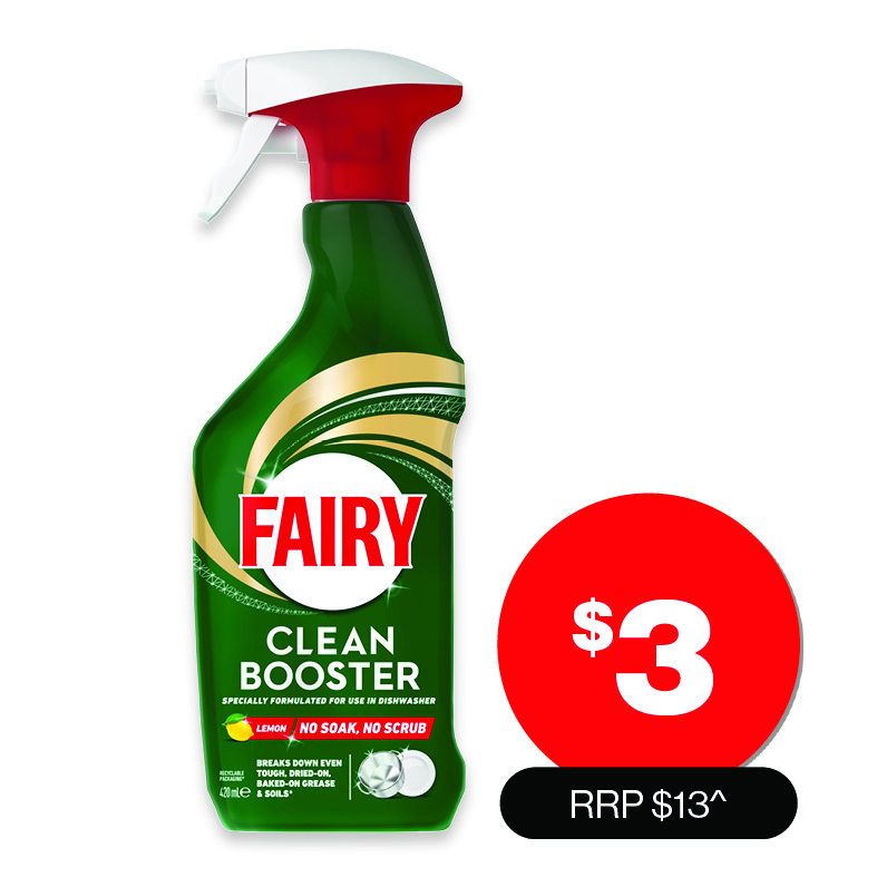 Fairy  Clean Booster Spray Lemon 420mL  $3  RRP $13.00^