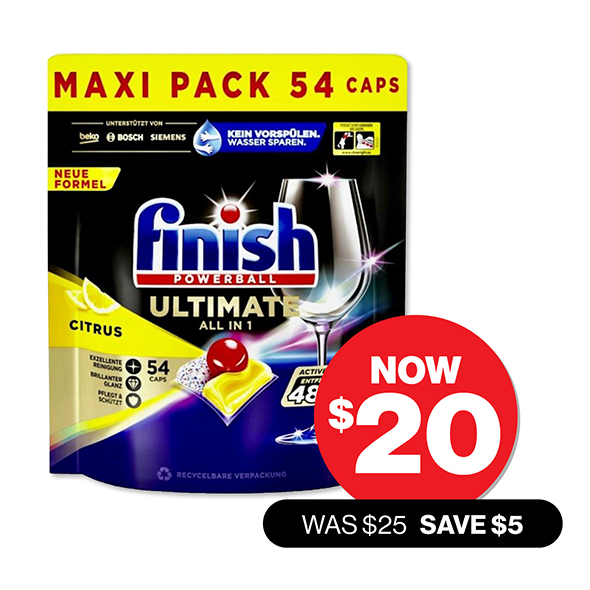 Finish Ultimate All in 1  Dishwashing Caps 54pk   NOW $20  Was $25 SAVE $5 Offer ends 28/01/25