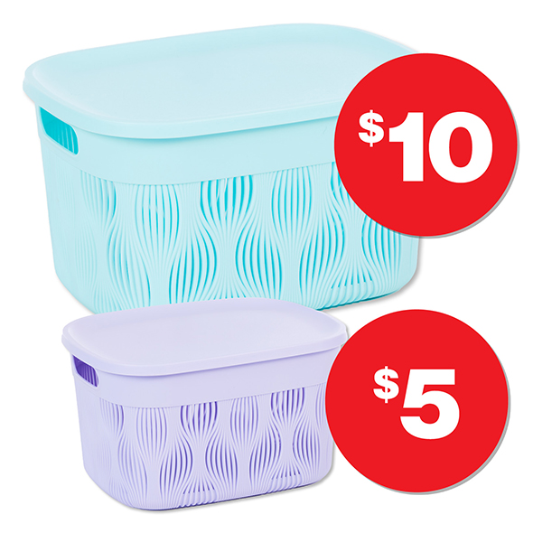 Tula Oval Basket With Lid 5.5L Assorted  $5 Also availble in 12.5L, $8.00 and 17.5L $10