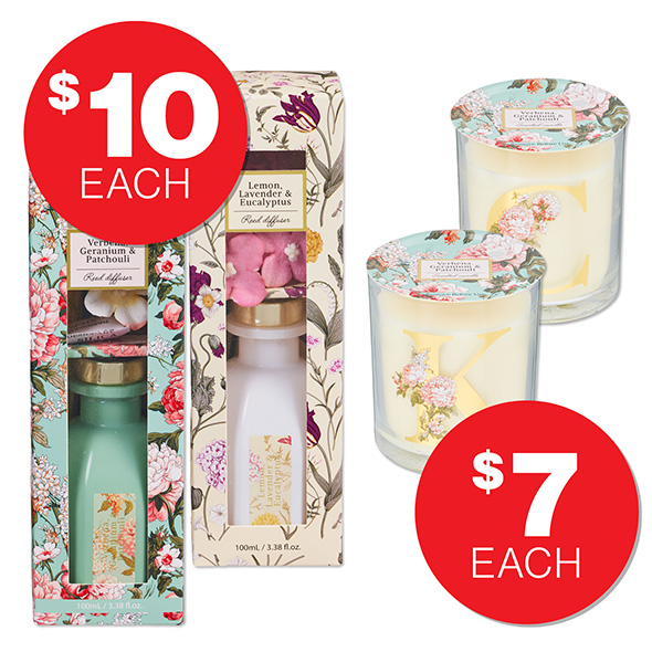 Farmhouse Floral Monogram  Candle Assorted $7ea Farmhouse Floral Reed Diffuser  100mL $10ea