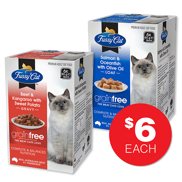 Fussy Cat Beef & Kangaroo or Salmon Fishoil  6pk $6ea