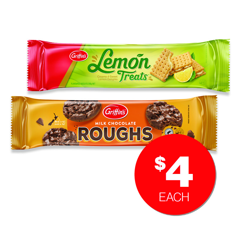 Griffin’s Chocolate Roughs 200g  & Lemon Treats 250g  $4ea