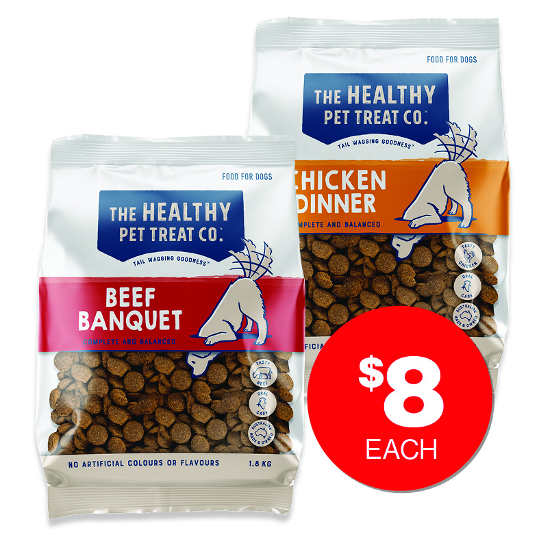 Healthy Pet Treat Co  Kibble, Beef or Chicken 1.8kg  $8ea