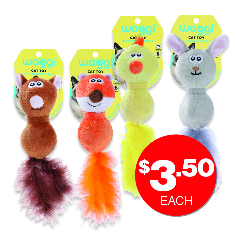 Waggi  Animal Rattle With Feathers Assorted  $3.50ea