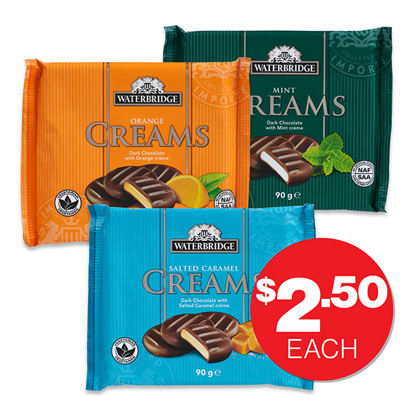 Waterbridge Creams Assorted 90g $2.50ea Flavours may vary in Victorian stores