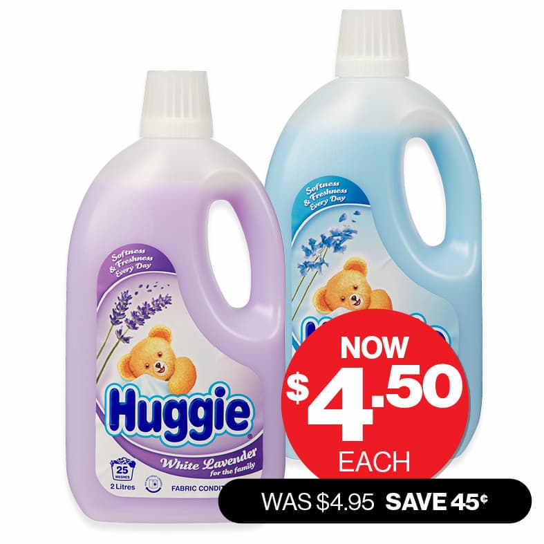 Huggie  Fabric Conditioner 2L Assorted  WAS $4.95 NOW $4.50ea SAVE 45c Offer ends 28/10/25