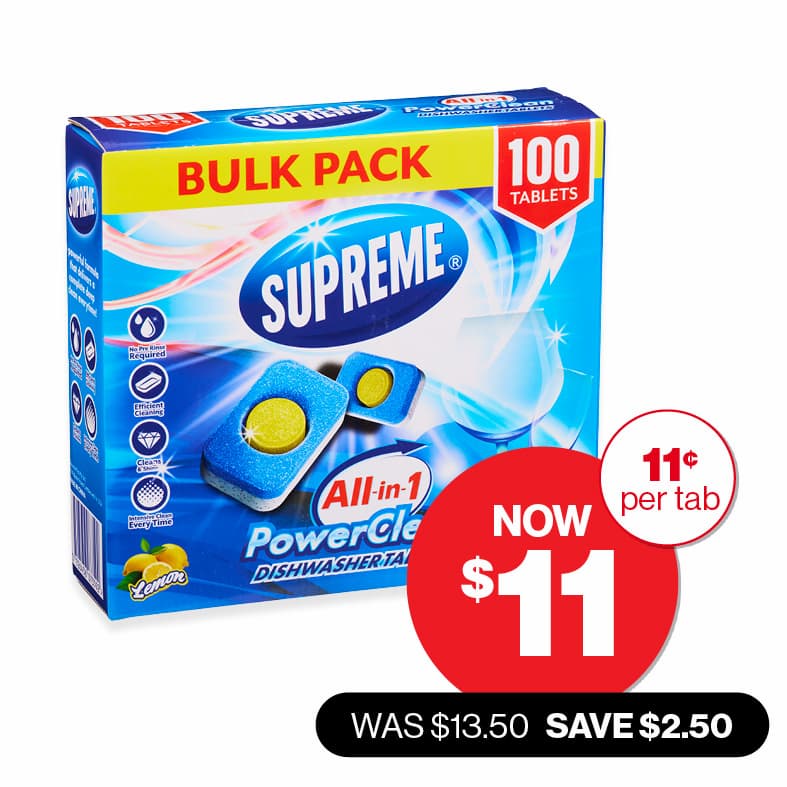Supreme  All-in-1 PowerClean Dishwasher Tablets 100pk  WAS $13.50 NOW $11 SAVE $2.50 Offer ends 28/10/25