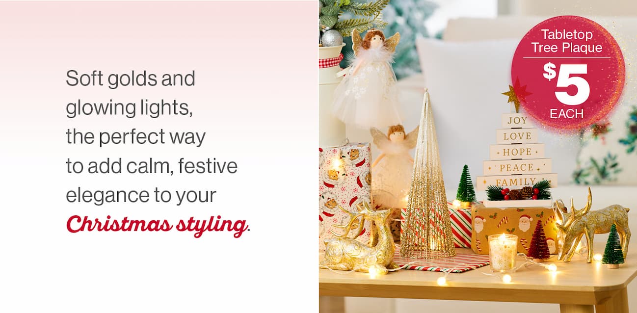 Soft golds and glowing lights, the perfect way to add calm, festive elegance to your Christmas styling.