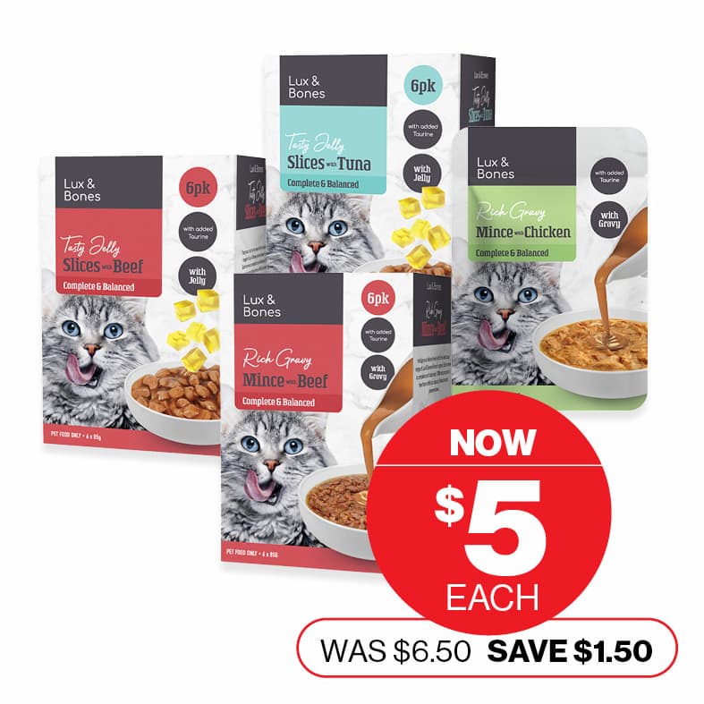 Lux & Bones Assorted 6x85g  NOW $5ea WAS $6.50 SAVE $1.50ea Offer ends 4/11/25
