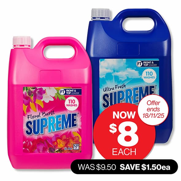 Supreme  Laundry Liquid Assorted 5L NOW $8ea WAS $9.50 SAVE $1.50ea Offer ends 18/11/25