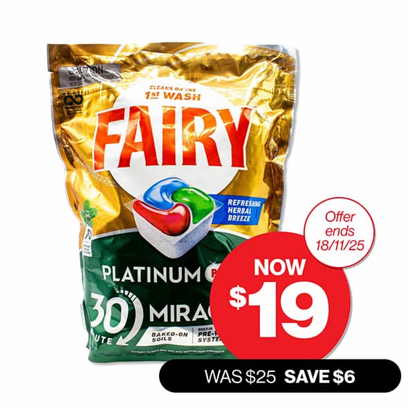 Fairy Platinum Plus 30-Minute Miracle  Dishwashing Capsules 70pk  WAS $25 NOW $19 SAVE $6 Offer ends 18/11/25