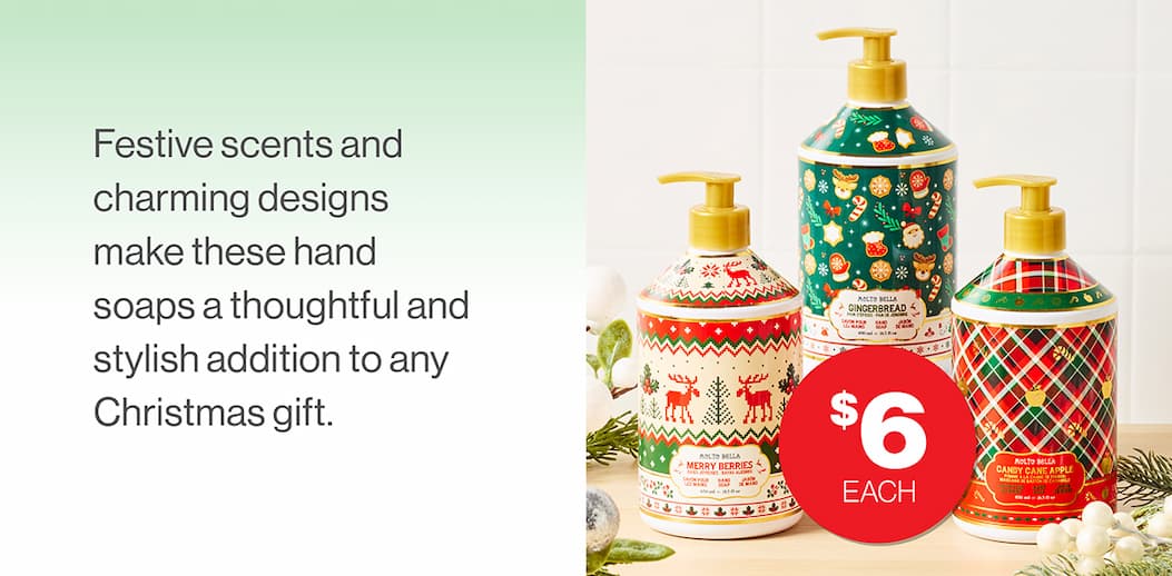 Festive scents and charming designs make these hand soaps a thoughtful and stylish addition to any Christmas gift.
