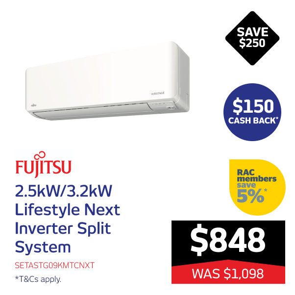 Fujitsu 2.5kW/3.2kW Lifestyle Next Inverter Split System