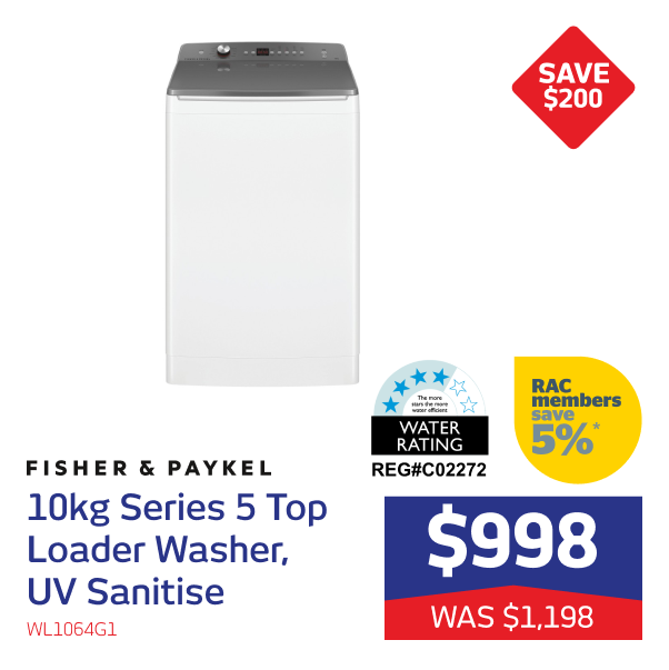 Fisher & Paykel 10kg Series 5 Top Loader Washer, UV Sanitise