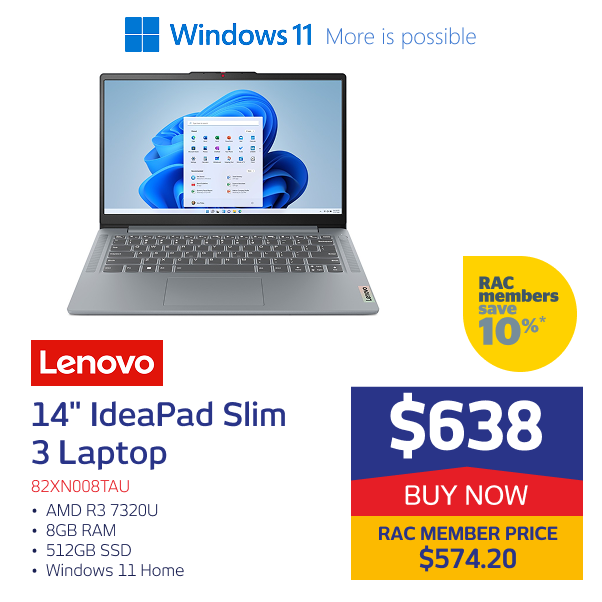 "14"" IdeaPad Slim 3 AMD R3 7320U 8GB RAM 512GB SSD Windows 11 Home"