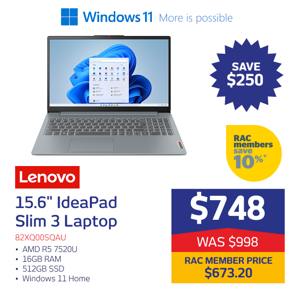 "15.6"" IdeaPad Slim 3 AMD R5 7520U 16GB RAM 512GB SSD Windows 11 Home"