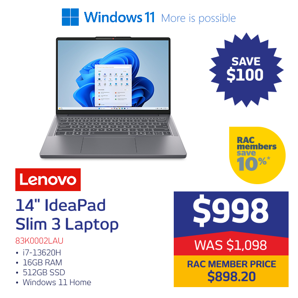 "14"" IdeaPad Slim 3 i7-13620H 16GB RAM 512GB SSD Windows 11 Home"