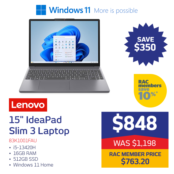 "15"" IdeaPad Slim 3 i5-13420H 16GB RAM 512GB SSD Windows 11 Home"
