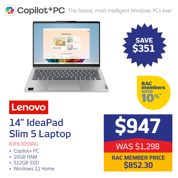 "14"" IdeaPad Slim 5 X Plus Copilot+ 16GB RAM 512GB SSD Windows 11 Home"