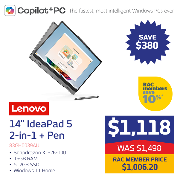 "14"" IdeaPad 5 2-in-1 + Pen OLED Snapdragon X1-26-100 16GB RAM 512GB SSD Windows 11 Home"