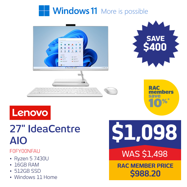 "27"" IdeaCentre AIO Ryzen 5 7430U 16GB RAM 512GB SSD Windows 11 Home"