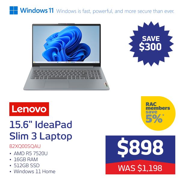 15.6" IdeaPad Slim 3 AMD R5 7520U 16GB RAM 512GB W11H