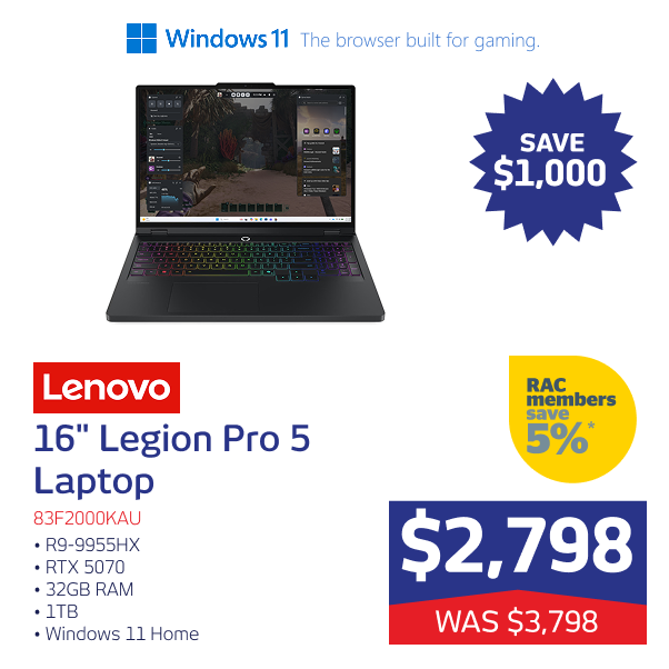 16" Legion Pro 5 Laptop R9-9955HX RTX 5070 32GB RAM 1TB W11H