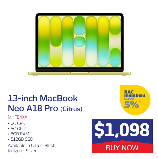 13IN MACBOOK NEO A18 PRO 6C CPU 5C GPU 8GB RAM 512GB SSD (CITRUS)