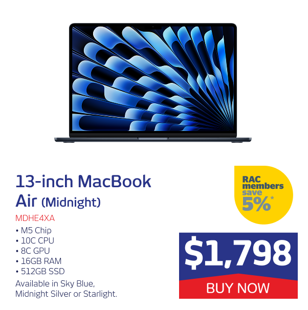 13IN MACBOOK AIR M5 CHIP 10C CPU 8C GPU 16GB RAM 512GB SSD (MIDNIGHT)