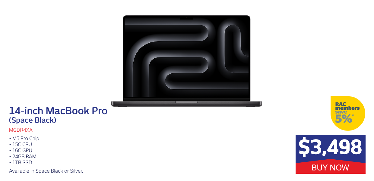 14IN MACBOOK PRO M5 PRO CHIP 15C 16C 24GB RAM 1TB SSD (SPACE BLACK)