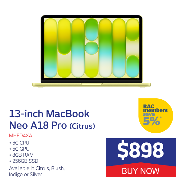13IN MACBOOK NEO A18 PRO 6C CPU 5C GPU 8GB RAM 256GB SSD (CITRUS)