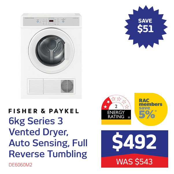 6kg Series 3 Vented Dryer, Auto Sensing, Full Reverse Tumbling