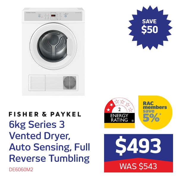 6kg Series 3 Vented Dryer, Auto Sensing, Full Reverse Tumbling