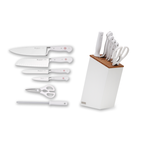 Набор из 5-и кухонных ножей + ножницы и мусат Wuesthof Classic White в дизайнерской подставке 1090270601