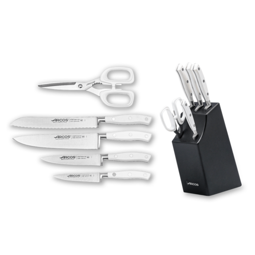 Набор из 4-х кухонных ножей Arcos Riviera Blanca + кухонные ножницы на подставке 234524