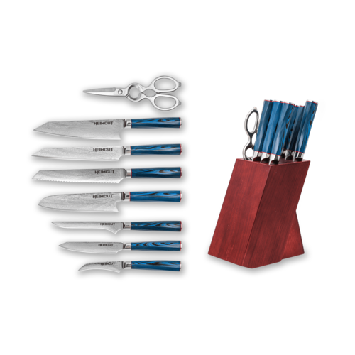 Набор из 7-ми кухонных ножей Heimcut Spiral + кухонные ножницы на подставке из акации HC/SPIRAL-7-SET-G10-BL