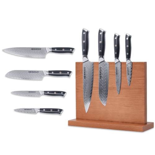 Набор из 4-х кухонных ножей Heimcut Classic на магнитной подставке (блоке) из дуба HC/CLASSIC-4-SET-G10-BK