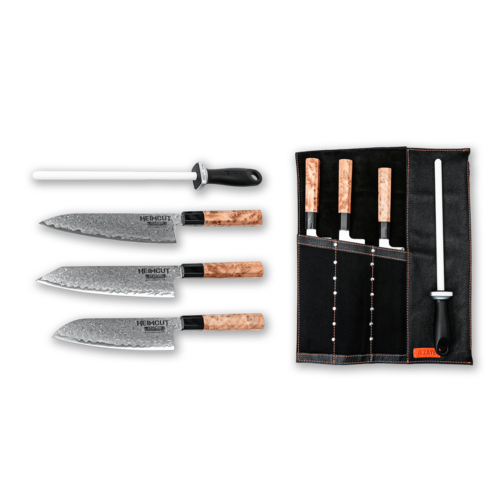 Набор Гранд-Шеф из 3-х кухонных ножей Heimcut Aogami Blue + мусат в кожаной сумке-скрутке Rezat RZ/HAB-3CHEF