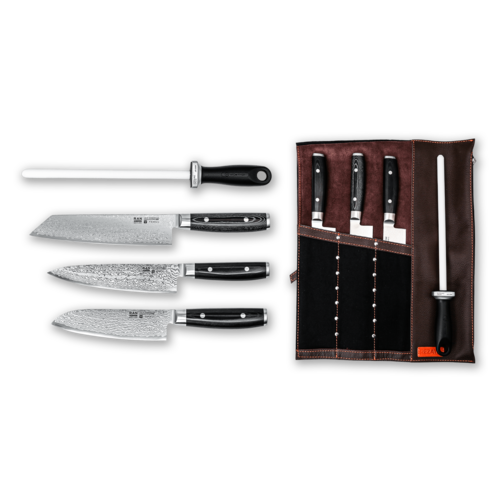 Набор Гранд-Шеф из 3-х кухонных ножей Yaxell Ran + мусат в кожаной сумке-скрутке Rezat RZ/YR-3CHEF