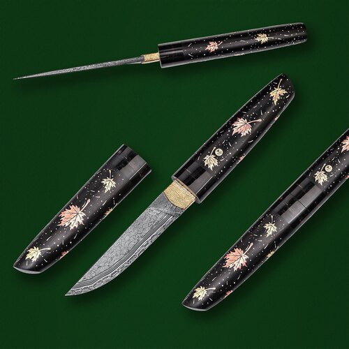 Авторская настольная композиция ТМ Дамаск нож с фиксированным клинком Золотой Клен FD/ZK