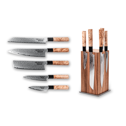 Набор из 5-и кухонных ножей Heimcut Aogami Blue на подставке Rezat HC/AOGAMI-5-R-BLOCK-8-AC