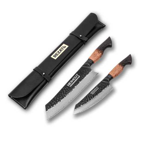 Набор шеф-повара из 2-х кухонных ножей Heimcut Relax Dark Forge в кожаной сумке-органайзере Rezat HC/BOAK-2-2N-44-BK