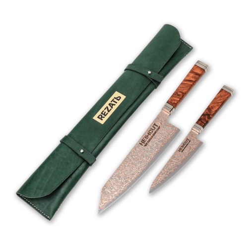 Набор шеф-повара из 2-х кухонных ножей Heimcut Tetra Copper Damascus в кожаной сумке-органайзере Rezat HC/HEXA-PBC-2-2N-44-GN