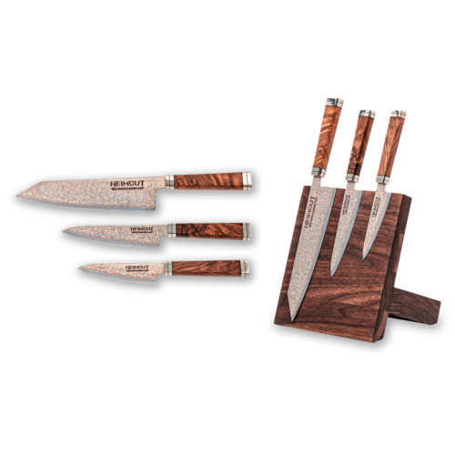 Набор из 3-х кухонных ножей Heimcut Tetra Copper Damascus на магнитной подставке Rezat из ореха HC/HEXA-PBC-3-KS312SWN