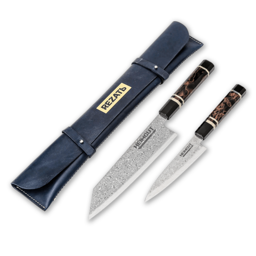 Набор шеф-повара из 2-х кухонных ножей Heimcut Ultima ZDP-189 Damascus в кожаной сумке-органайзере Rezat HC/PREMIUM-D-2-2N-44-NAVY