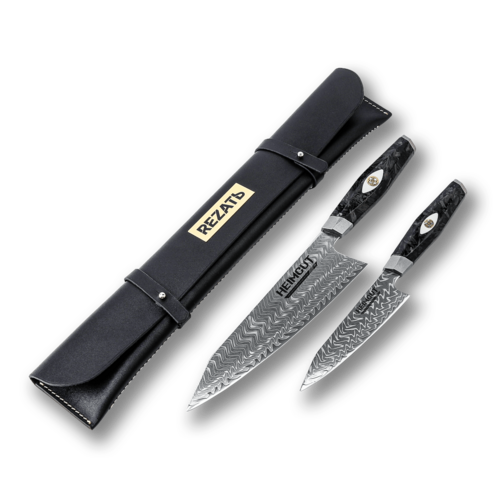 Набор шеф-повара из 2-х кухонных ножей Heimcut Power Carbon M390 в кожаной сумке-органайзере Rezat HC/M390-2-2N-44-BK
